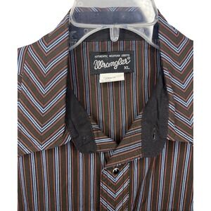 Wrangler Men's XL Brown Blue Striped Western Pearl Snap Long Sleeve Button Up‎
